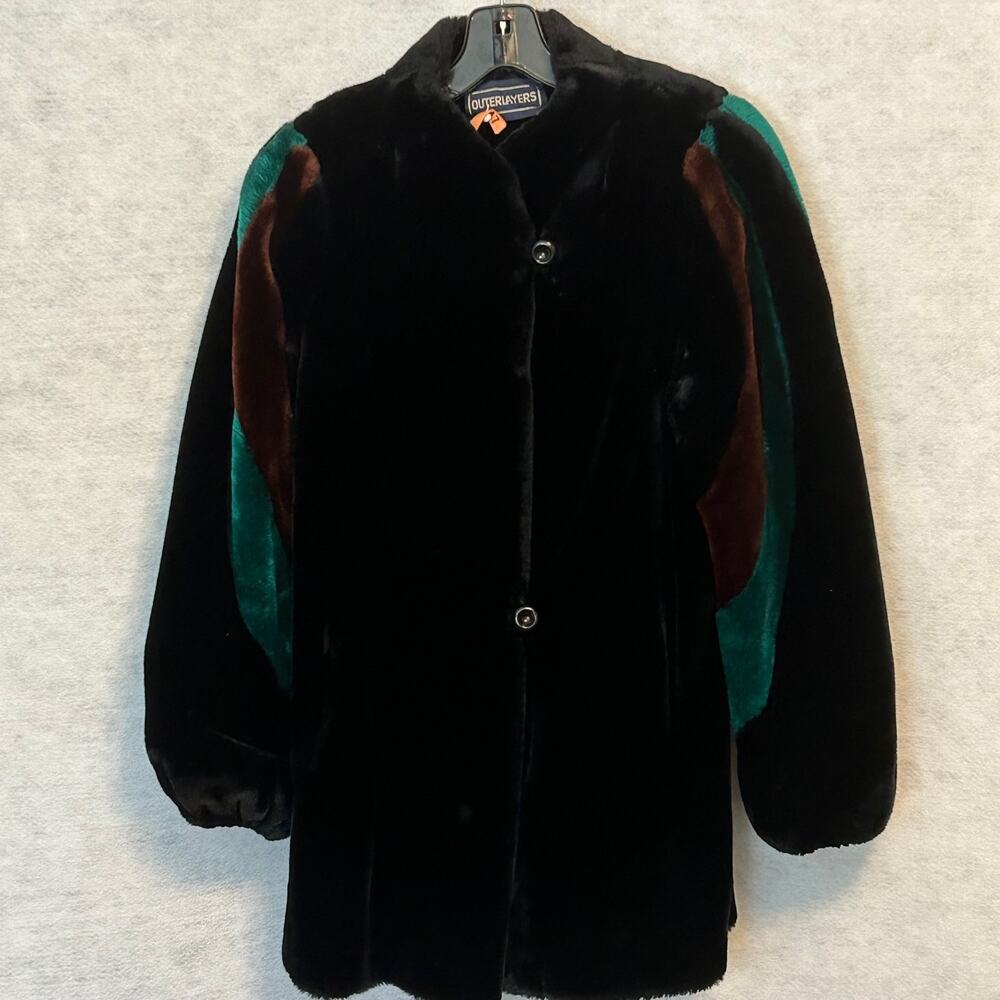 Vintage Retro Outerlayers Faux‎ Fur Colorblock Coat Women's Size 9-10